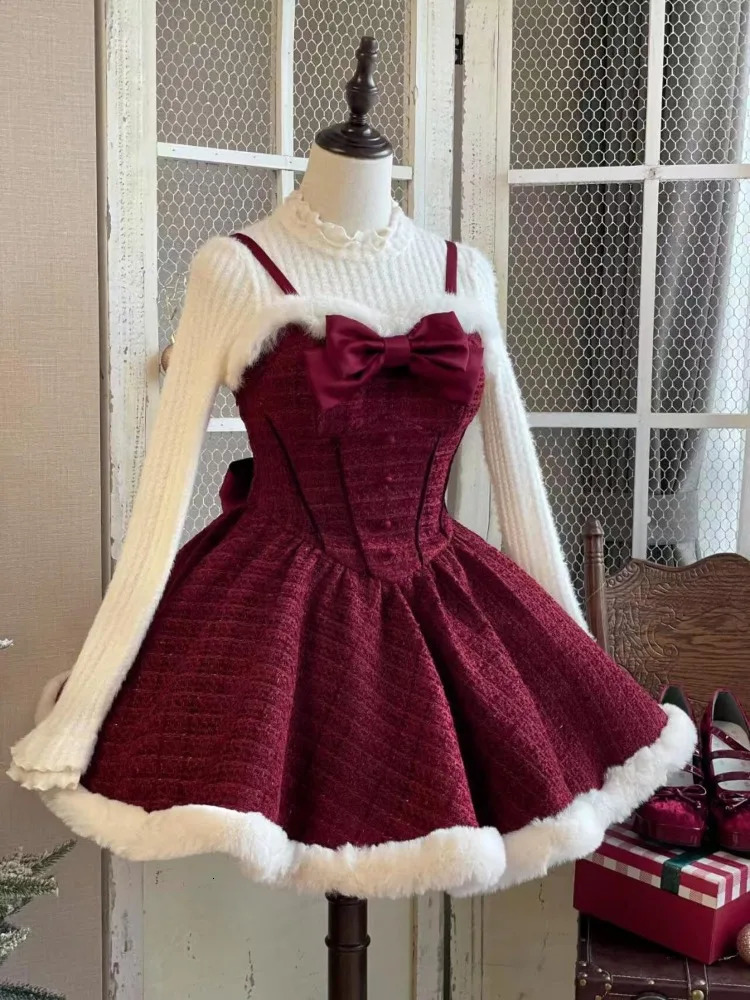 Christmas and Year 3-piece Sweet Lolita Style Dress Set for Womens Elegant and Unique Bow Plush Shawl Short Jacket Mini Skirt Set 241112