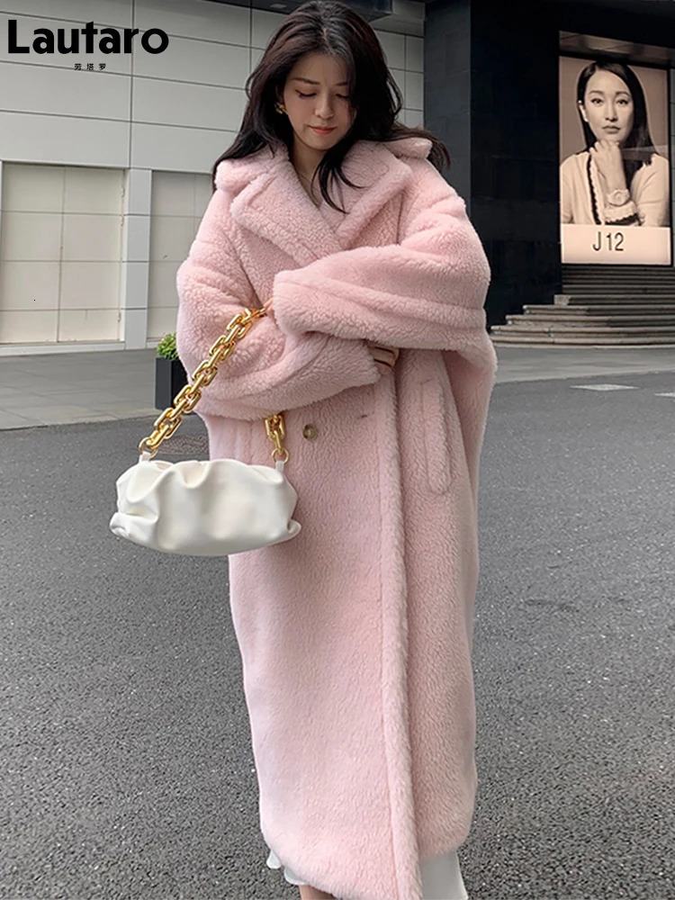 Lautaro Winter Ultra slim Pink Thick Warm Teddy Coat Womens Double Chest Loose Casual Style European Faux Fur Coat 241112