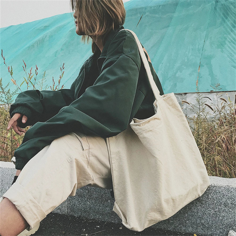 Womens canvas shopping bag large capacity eco-friendly handbag reusable Harajuku commuting bag simple handbag foldable shoulder bag 241111