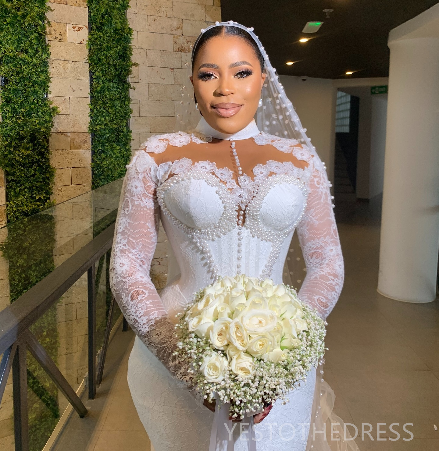 2024 African Wedding Dress Bridal Gowns Plus Size Mermaid Wedding Gowns High Neck Long Sleeves Beaded Pearls Lace Gowns For Nigeria Black Women Marria