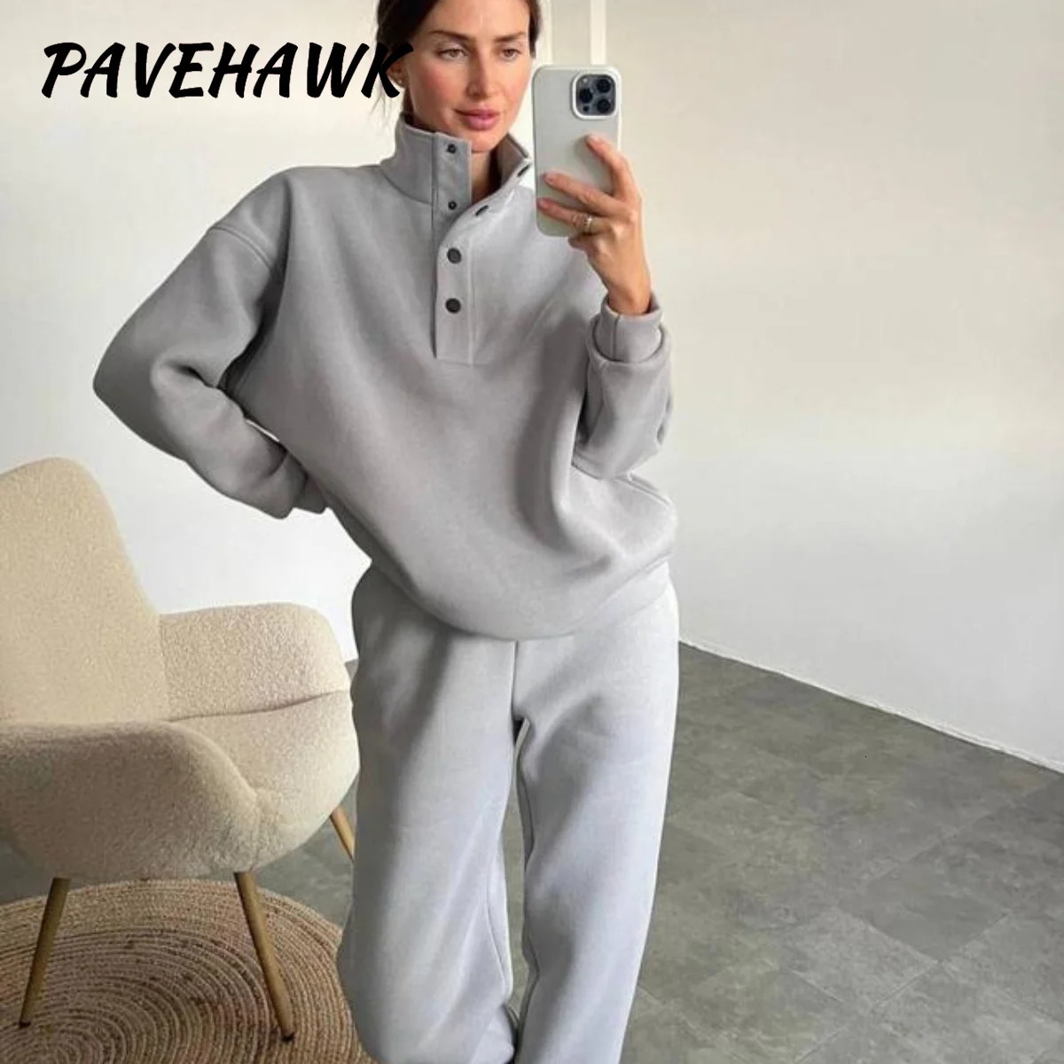 Women Elegant Solid Hoodies Sets Long Sleeve Stand Up Collar Loose Thick Button 2 Piece Set Casual Pullover Pant Suit 241111