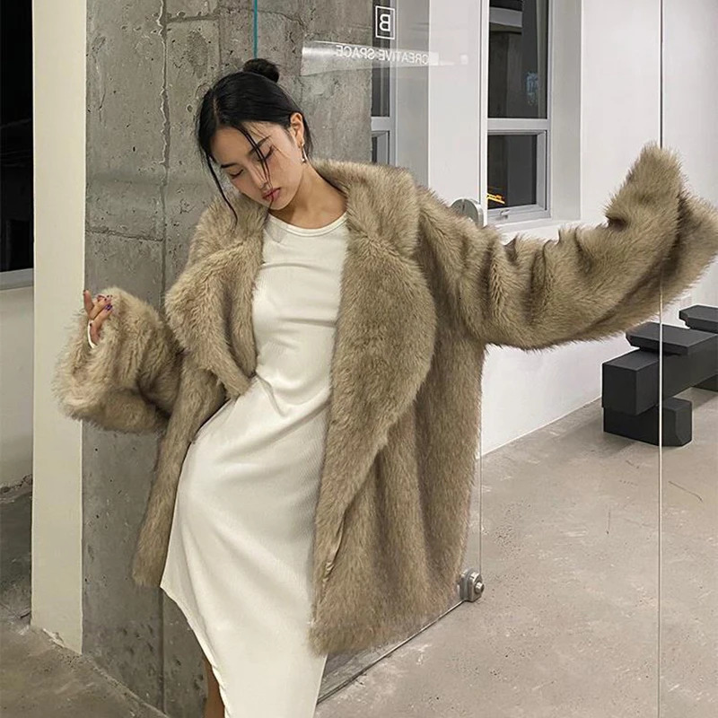 Artificial fox fur coat womens winter warm cardigan Lambswool medium long lapel loose plush coat oversized teddy jacket 241112