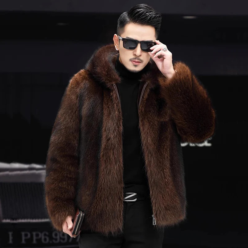 Mens fur coat mink coat short hooded casual fashion trend winter zipper jacket 241112
