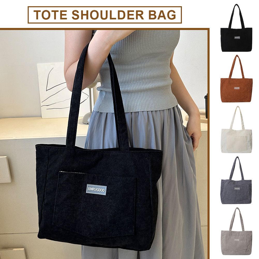 Women Corduroy Tote Bag with Pockets Compartments Large Capacity Shoulder Bags Solid Hobos Bag for School Work Shopping