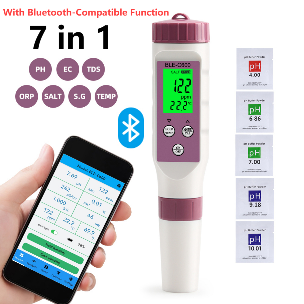 7 in 1 PH TDS Meter Bluetooth-Compatible Temp/ORP/EC/TDS/Salinity/S.G /PH Tester APP Control for Aquarium Water Quality Tester