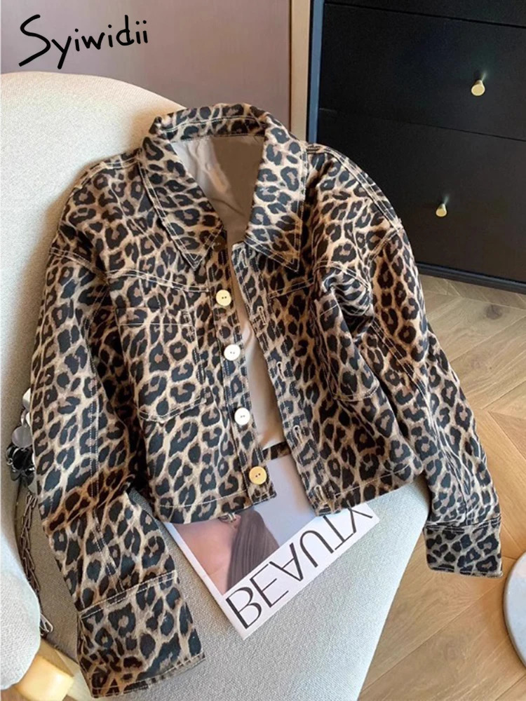 Syiwidii Womens Leopard print Jacket Flip Collar Single Chest Casual Coat Autumn Fashion Long Sleeve Womens Jeans Jacket 241112