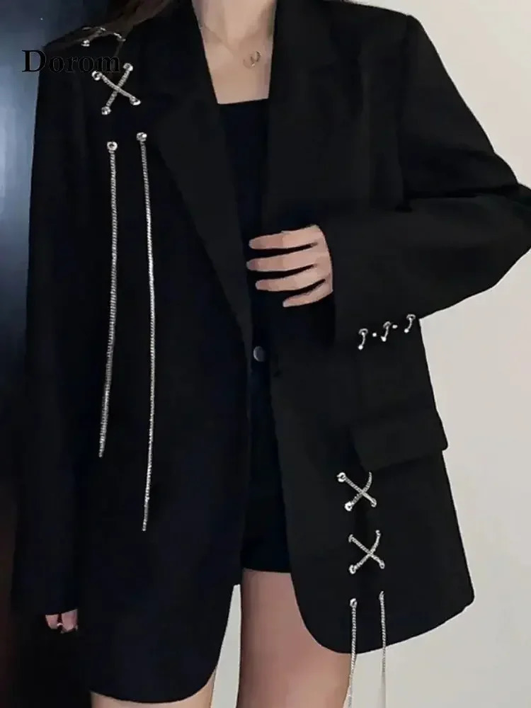Retro Gothic Black Jacket Womens Korean Long Sleeve Loose Set Jacket Spring and Autumn Office Harajuku Womens Coat 241111