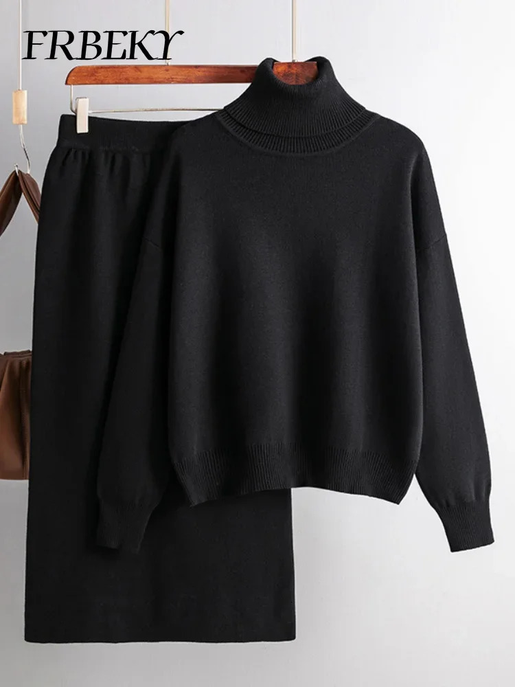 Dress set solid color turtle neck sweater half body bag hip set womens 2-piece casual knitted set 241112