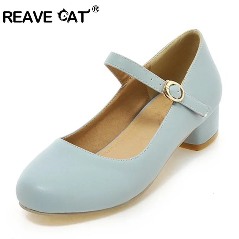 REAVE CAT Buckle Sapatos Femininos Big size 34~43 Spring Summer Women Shoes Sandals 3.5cm Mid Heels Blue Beige QL4861 241112