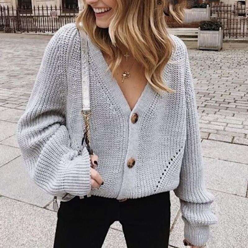 2024 autumn and winter new sweater cardigan solid color knitted button jacket for women
