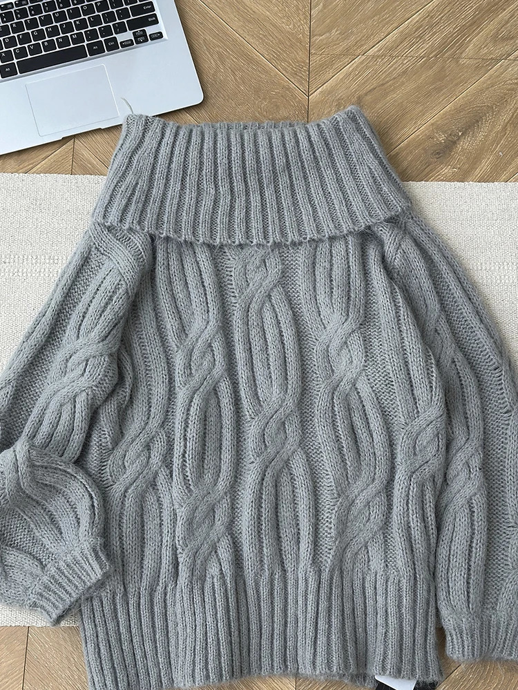 Winter womens Old Money Shoujo girl cute sweater long sleeved diagonal collar knitted top 2000S retro shirt Korean jumper thick 241112