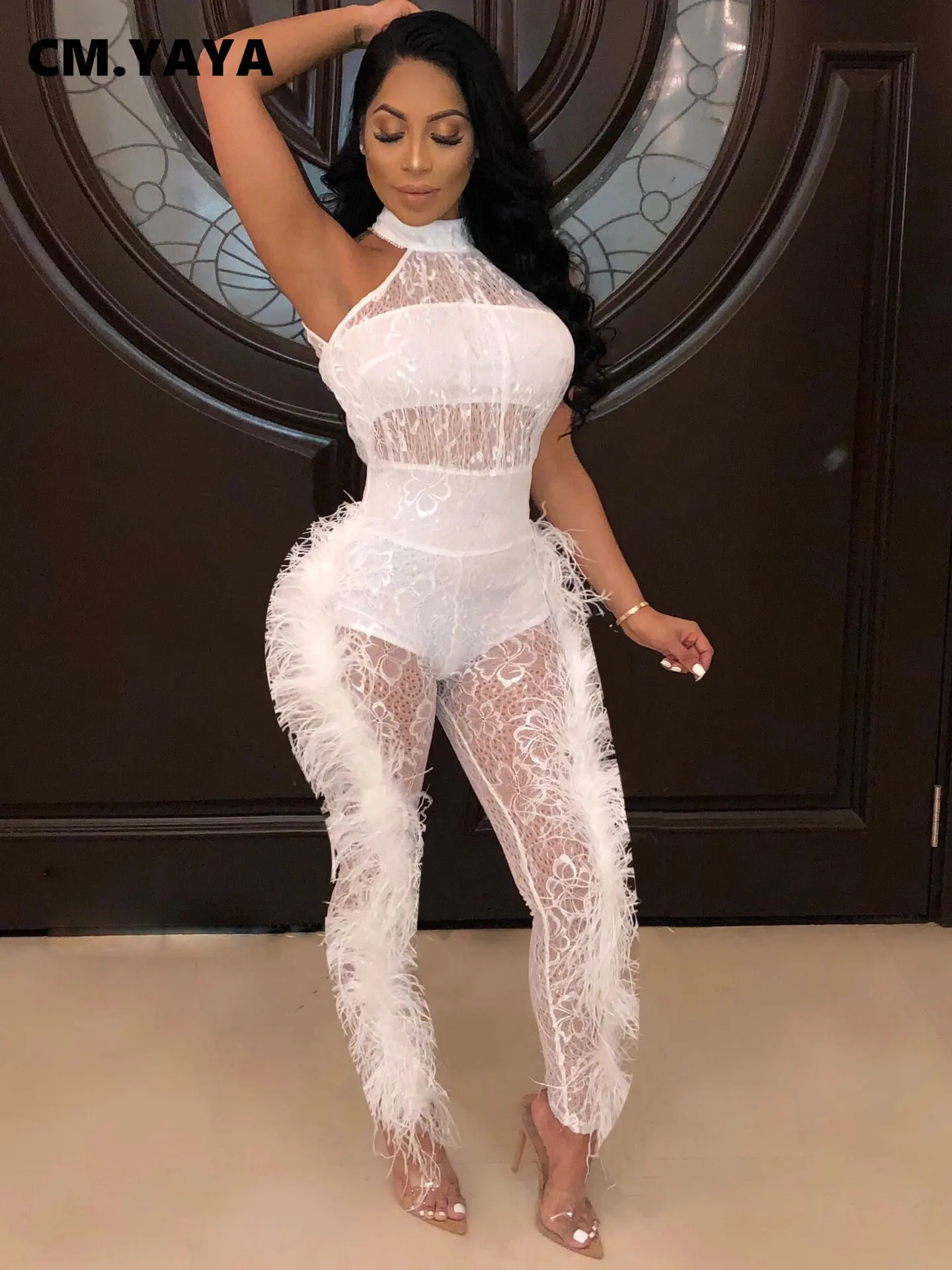 CM.YAYA Fashion Womens Sleeveless Lace See Through Fur Side Tight Elastic jumpsuit Street Clothing Sexy One Piece Set INS Playsuits 241112