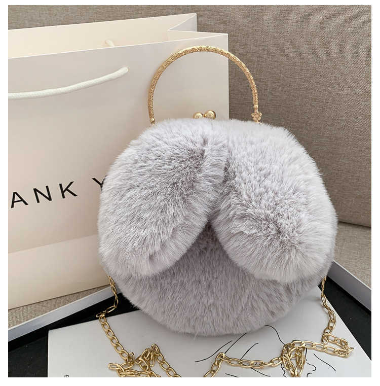 Trendy Girl Cute Plush Bag with Rabbit Ears Casual Clip on Handbag Fashionable Chain Crossbody Bags Purses 241112