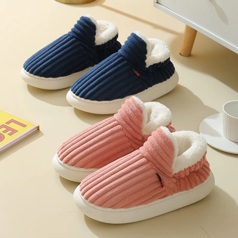 2024 Fashion Couple Winter Warm Plush Slippers Thick Sole Non Slip Casual Cotton Shoes Woman Corduroy Soft Indoor Home Slippers 241112