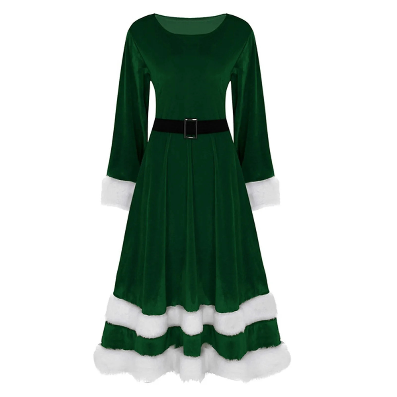 Velvet Christmas Dress Autumn Long Sleeve Christmas Party Dress Green Red Mid calf Dress Santa Claus Womens Dress 241108