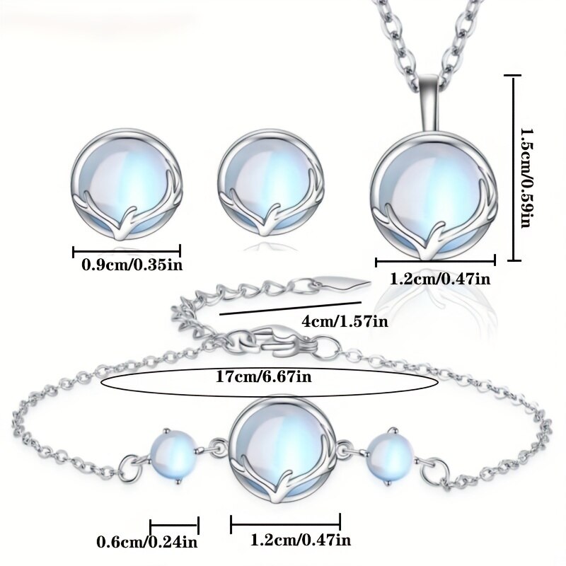 Moonstone Antler Stud Earrings Necklace Bracelet Jewelry Sets for Women Engagement Party Jewelry