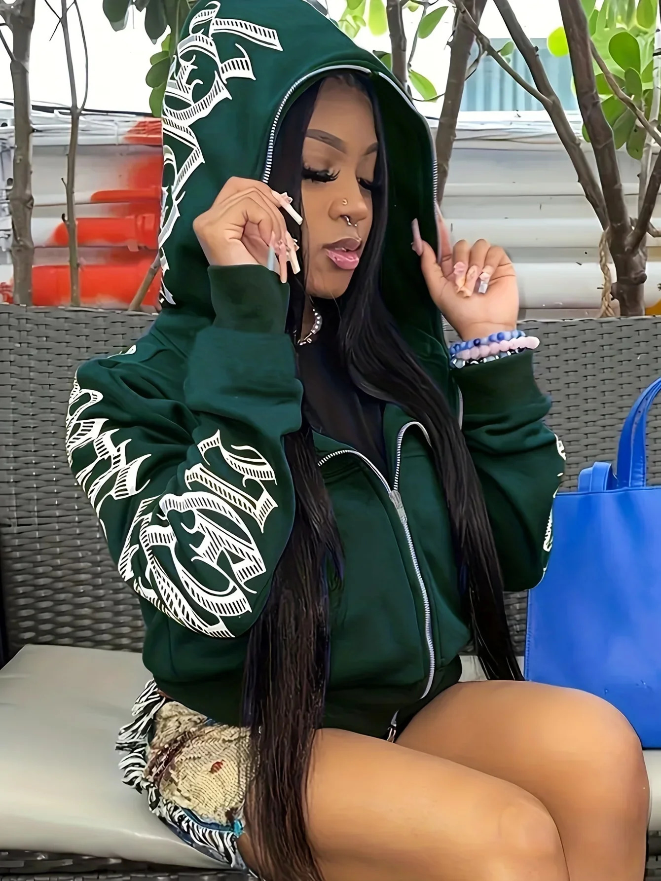 Letter Print Long Sleeve Zip Up Hoodies Cyber Y2K Gothic Punk Sweatshirt Womens Clothing 241112