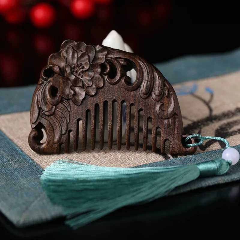 Charcoal flower bird comb natural peach wood small comb anti-static head massage hair comb easy to carry for travel W241112