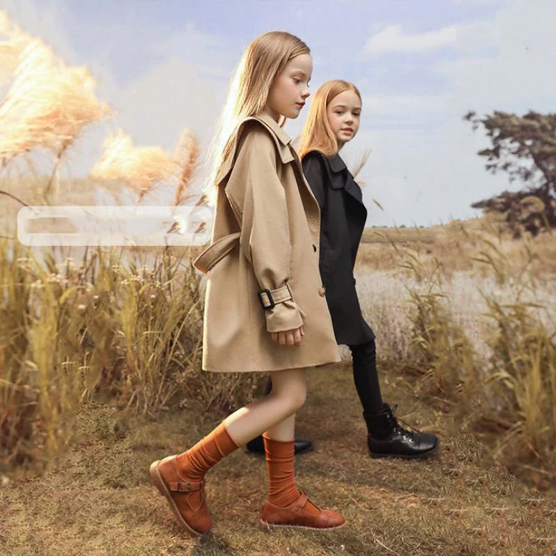 4-14 Years Girls Autumn Coats Fashion Kids Windbreaker Long Sleeve Trench Children Clothing Teens Girls Thicken Warm Outerwear 241111