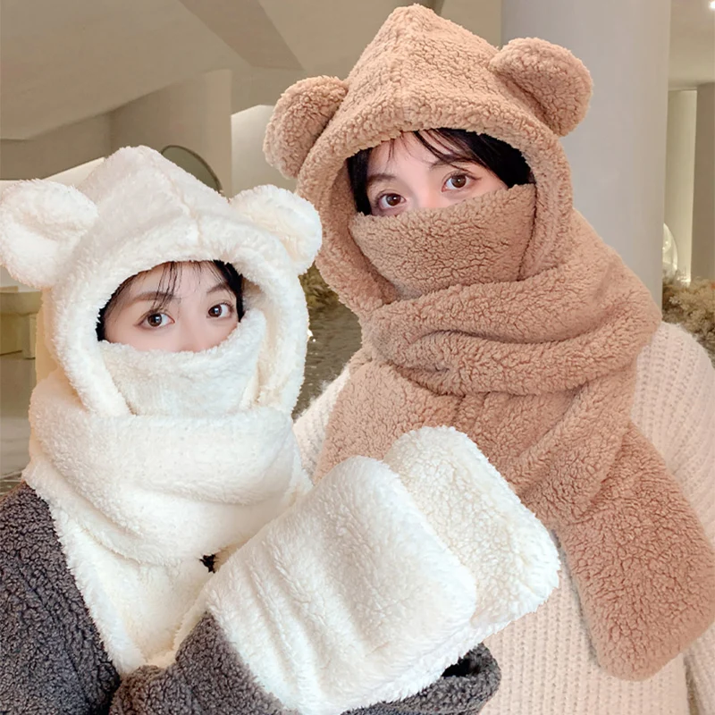 Winter Lamb Wool Cute Bear Ear Hat Scarf Gloves Set Women Caps Warm Plush Neck Hats Casual Fleece Girls Beanies