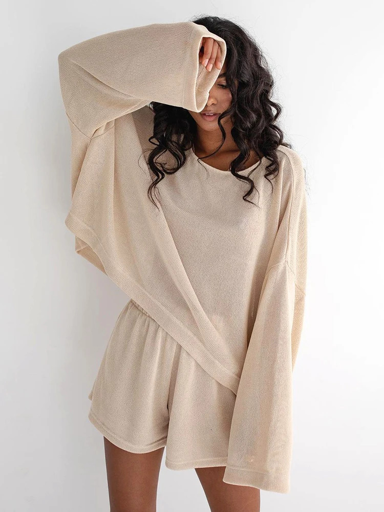 Linad loose womens knitted pajamas 2-piece set khaki long sleeved O-neck womens casual set winter shorts 241112