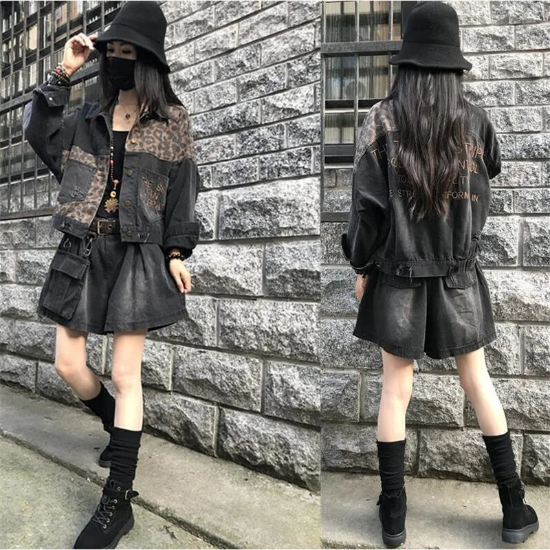 Embracery Leopard Jeans Jacket Womens Short Jacket Distressed Brushed Streetwear Loose Spring and Autumn Jacket Womens Jacket 241112