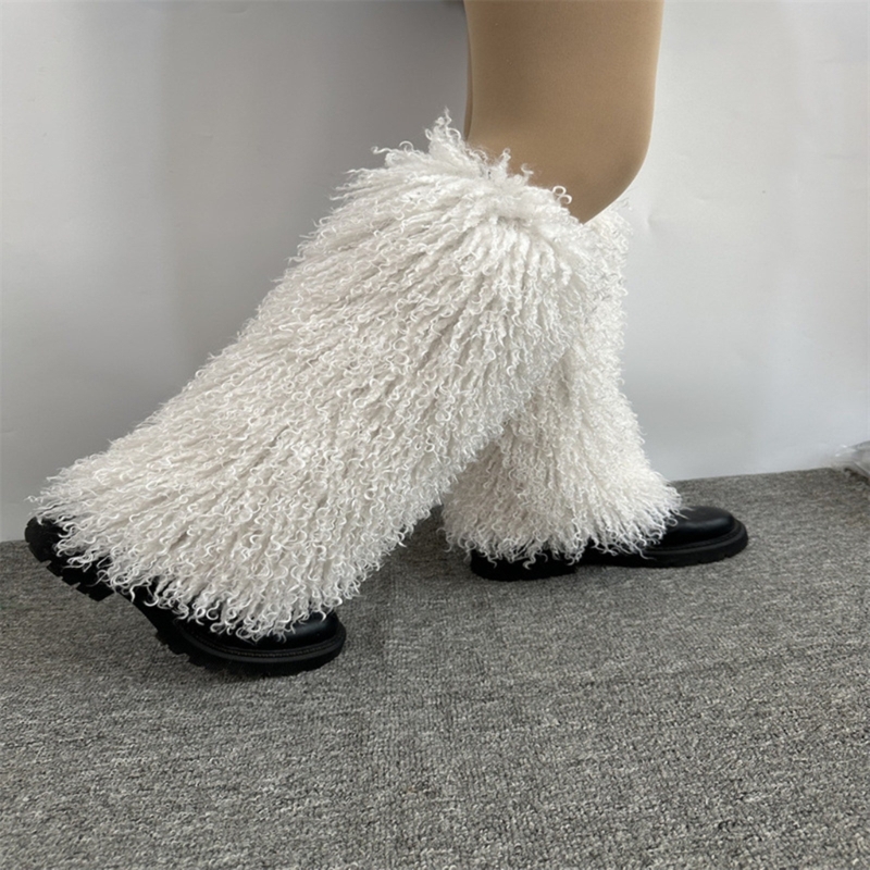 Q1FA Women Fuzzy Leg Warmer Boot Cover Harajuku Solid Color Vintage Furry Plush Leggings Shoes Cuffs Long Socks Streetwear