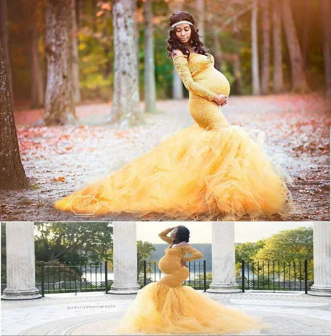 Maternity Dresses Women Long Sleeve Off Shoulder Lace Maternity Dress for Photography Baby Shower with Mermaid Tulle Gown Photoshoot Baby Shower 24412