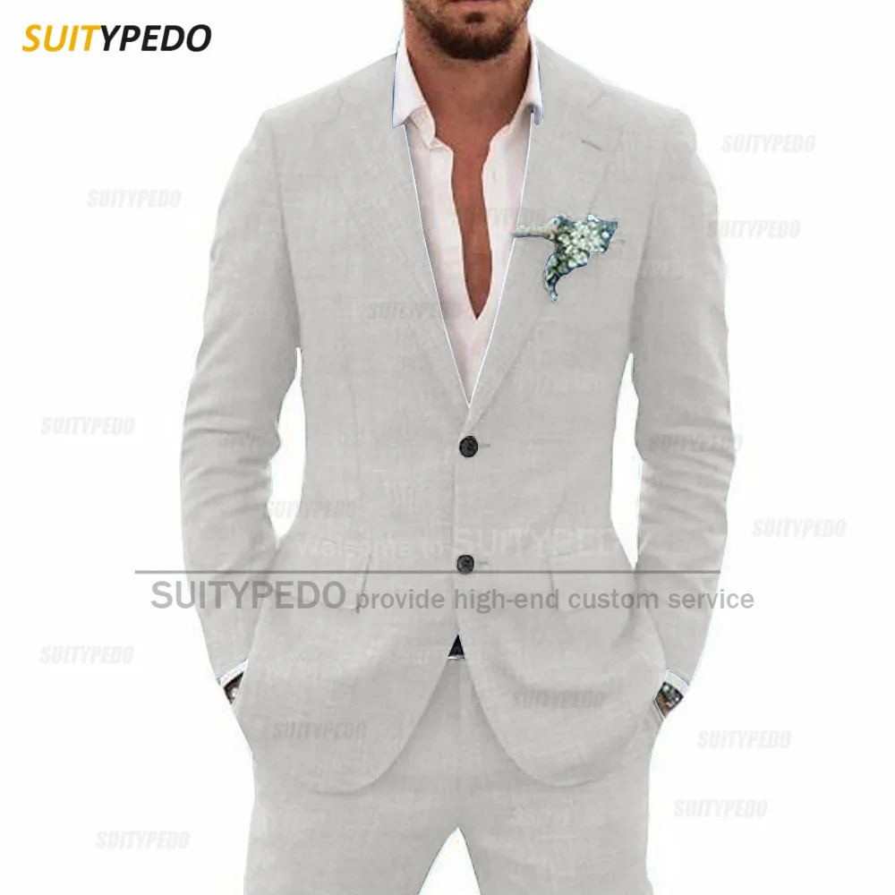 Casual Linen Suit Set For Men Wedding Party Tailormade Fashion Notch Lapel Outfits Holiday Slim Fit Male Blazer Pants 2 Pieces 240412