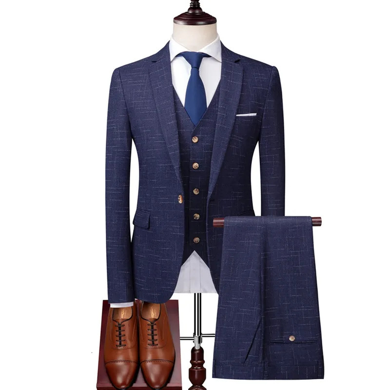 Blazer Pants Vest 3 Pieces Suit Set Mens Fashion Banquet Business British Style Slim High End Custom Plaid Blazers Trousers 240412
