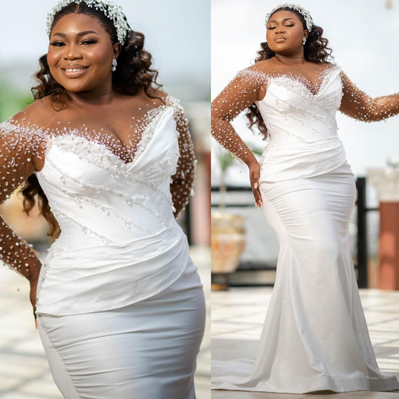 2024 African Wedding Dress Bridal Gowns Plus Size Mermaid Wedding Gowns Sheer Neck Long Sleeves Beaded Crystals Lace Gowns For Nigeria Black Women Mar