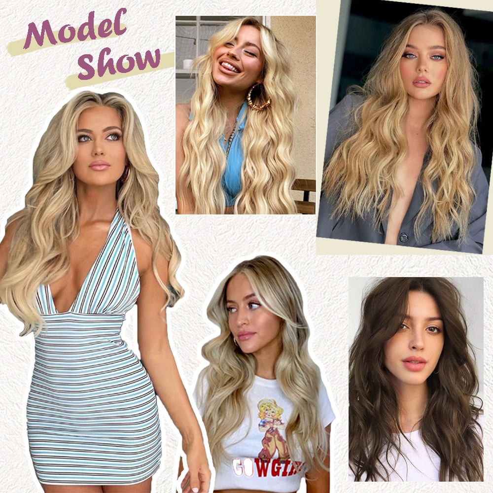 Synthetic Long Wavy Invisible Wire 4 Clip In Hair Extensions 22Inch Blonde Black Heat Resistant Hairpieces For Women Daily Party 59f01