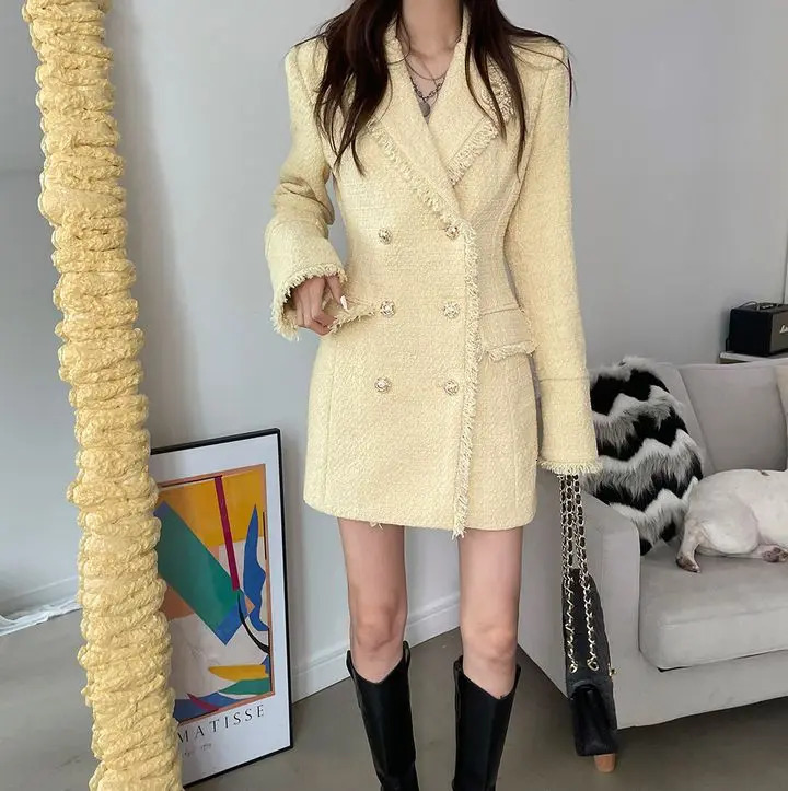 Tassels Pocket Bouble-Breasted Women Long Tweed Suit Dress Coat Long Sleeve Winter Elegant Fashion Vintage Lady Jacket 241112