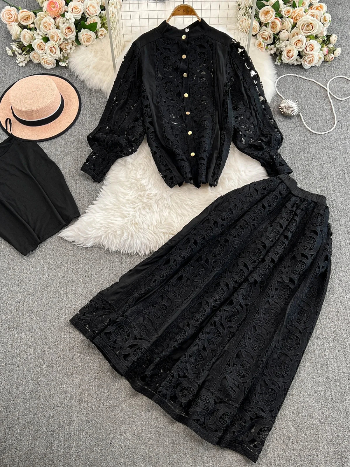 Fashion autumn lace two-piece dress set womens floral embroidery shirt white top Midi long skirt set 2-piece jacket 241112