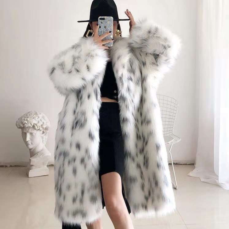 shanshi fur coat women Imitation Korean version medium coat for women black spot pattern long loose imitation fox fur