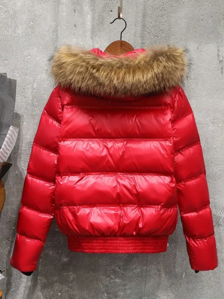 Fashion Big True Raccoon Fur Winter Coat Womens Hooded Short Warm Inflatable Jacket Waterproof Womens White Duck Down Park 241112