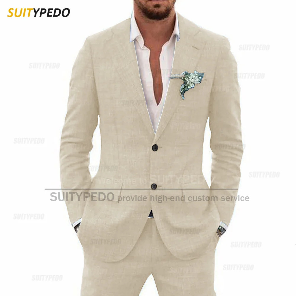 Casual Linen Suit Set For Men Wedding Party Tailormade Fashion Notch Lapel Outfits Holiday Slim Fit Male Blazer Pants 2 Pieces 240412