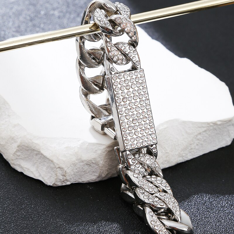 Hip Hop Gold Chuncky ID And Cuban Chain Bracelet Full Crystal Bling Big Size Trendy Men Jewelry Accessory 5