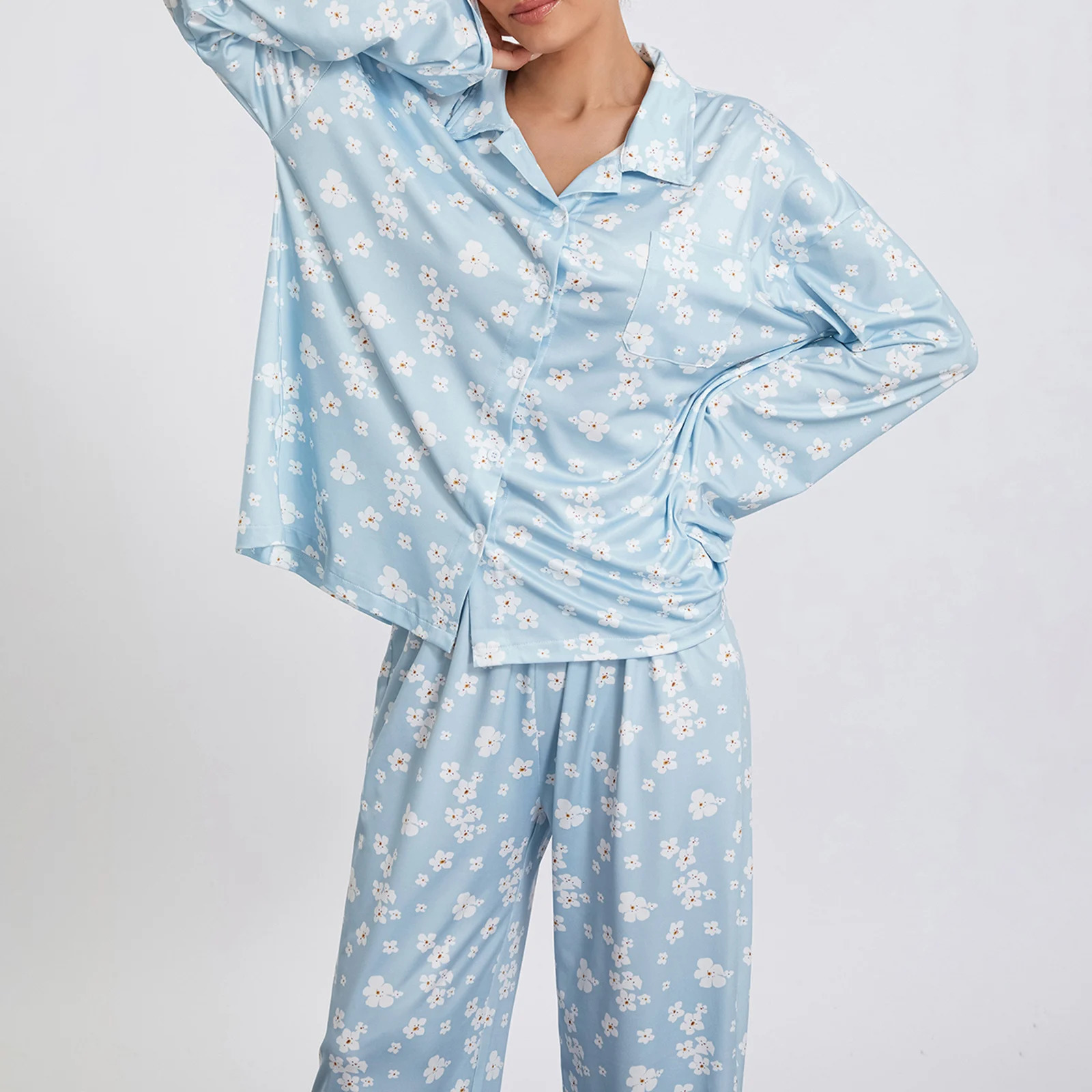 Womens loose 2-piece printed sweet long sleeved collared shirt top and elastic waist pants pajama set 241112