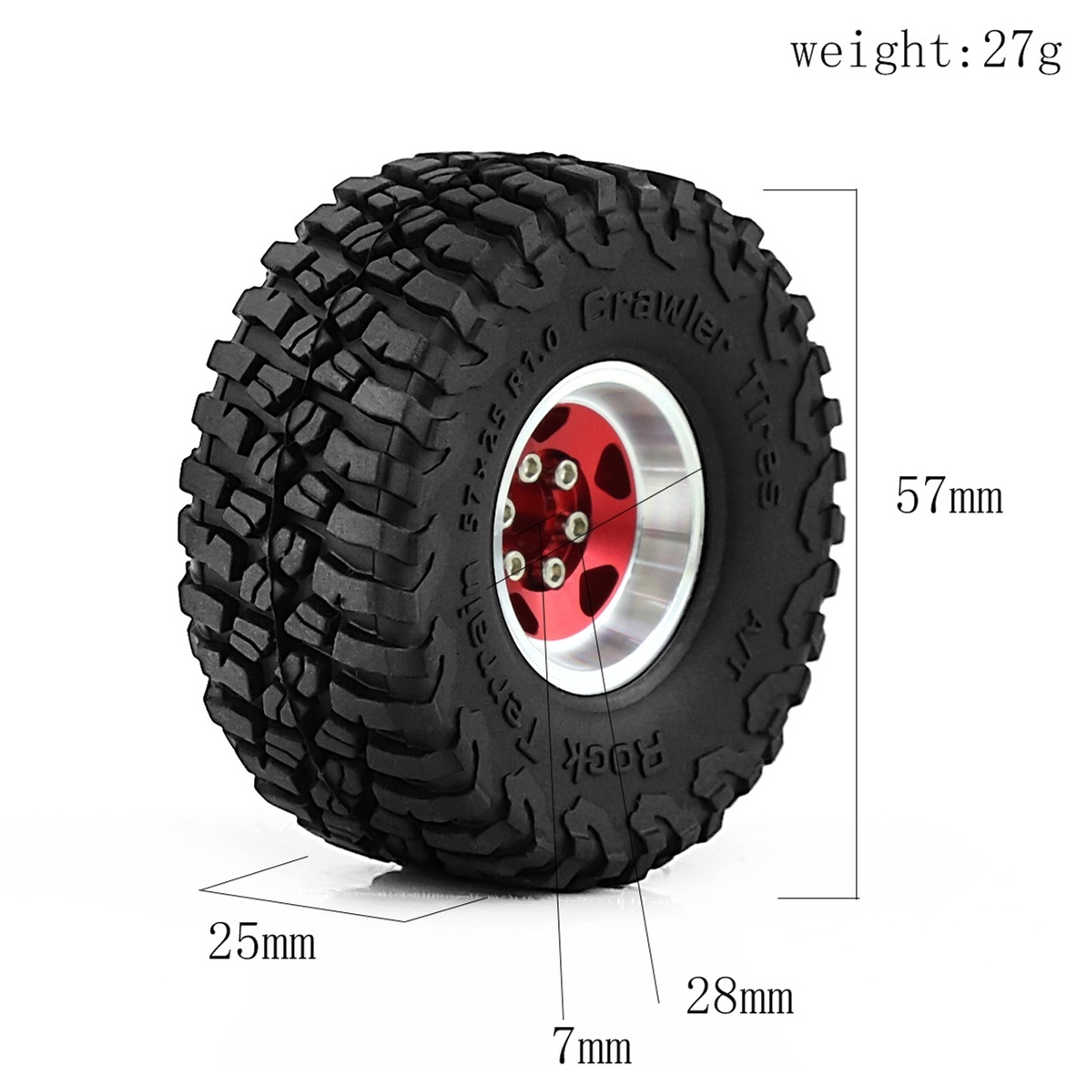 4pcs 57mm Metal 1.0 Beadlock Wheel Rim Rubber Tire Set for 1/18 1/24 RC Crawler Axial SCX24 AX24 TRX4M FCX24 Upgrade Parts