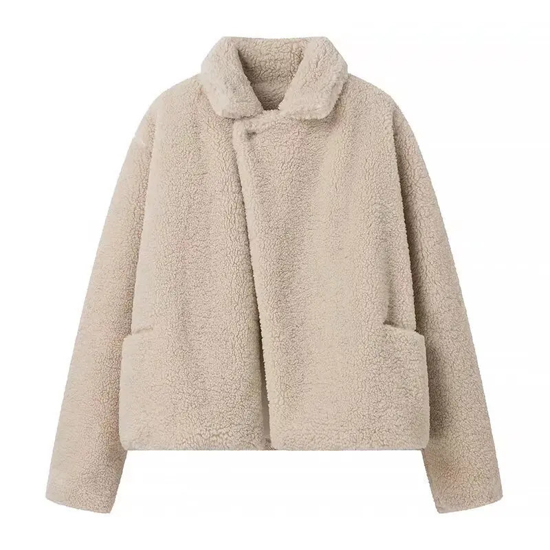 Winter Thick Warm Snow Wool Leather Jacket Fashion Collar Teddy Velvet Coat Womens Street Clothing Loose Thick Wool Top 241112