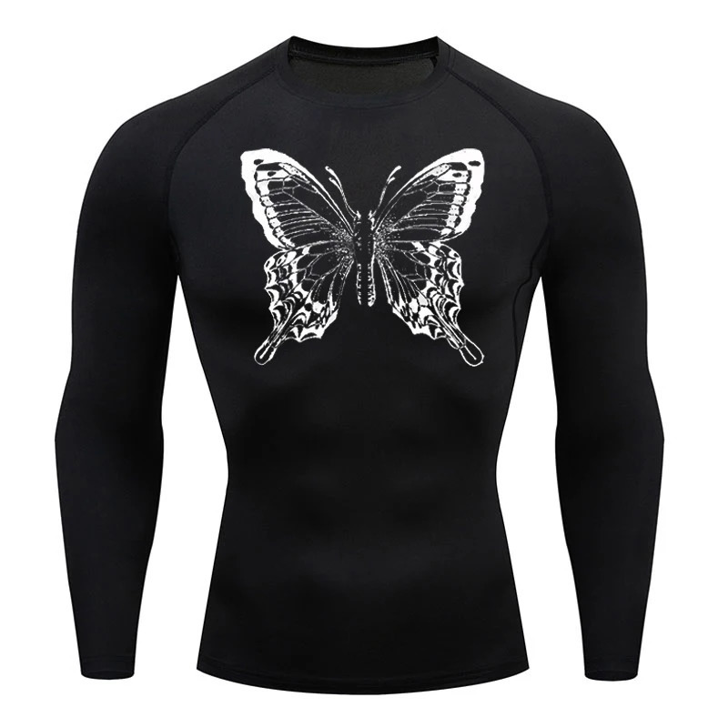 Compression shirt mens fitness gym Y2K skeleton sports running T-shirt Rashgard top three-way quick drying long sleeved mens T-shirt 241112