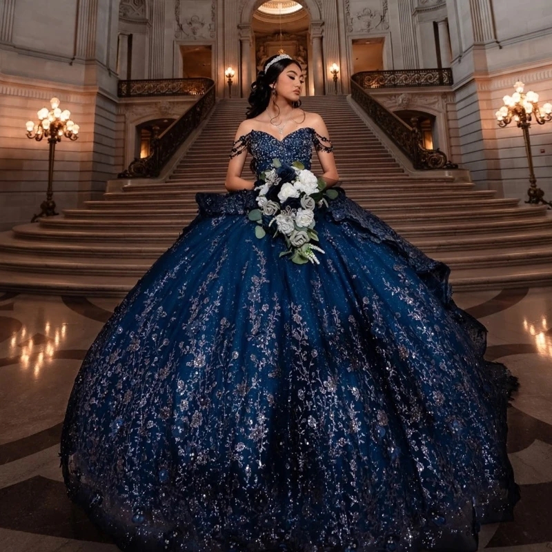 Navy Blue Shiny Quinceanera Dresses Ball Gown Off The Shoulder Sequin Lace Applique Beaded Tull Corset Sweet 16 Dress Vestidos De 15