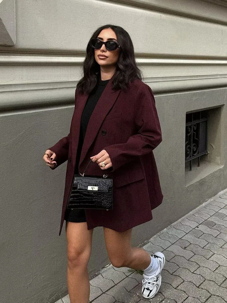 Vintage Womens Burgundy Jacket Autumn Elegant Long Sleeve Double Chest Exterior Office Jacket Womens Fashion Jacket 241111