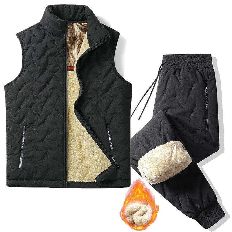 Winter Streerwear Men Plush Thick Sweatpant Lambswool Thermal Trousers Jacket Coats Waterproof Windproof Warm Sleeveless Set 241111