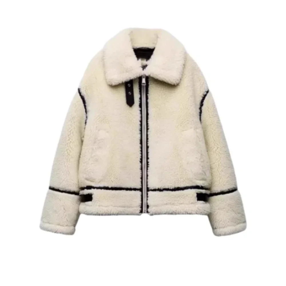 Women Overcoat Lamb Fleece Jacket Lapel Zipper Contrast Color Integrated Overcoat Versatile Autumn Winter Warm Thickened Coat 241112