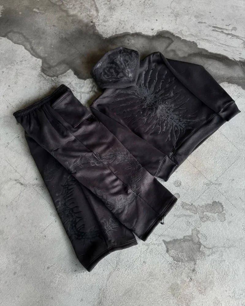 Y2K Harajuku Streetwear Gothic Punk Pattern Embroidery Baggy Sweatpants Men High Street Trend Retro Straight Trousers Couple 241112