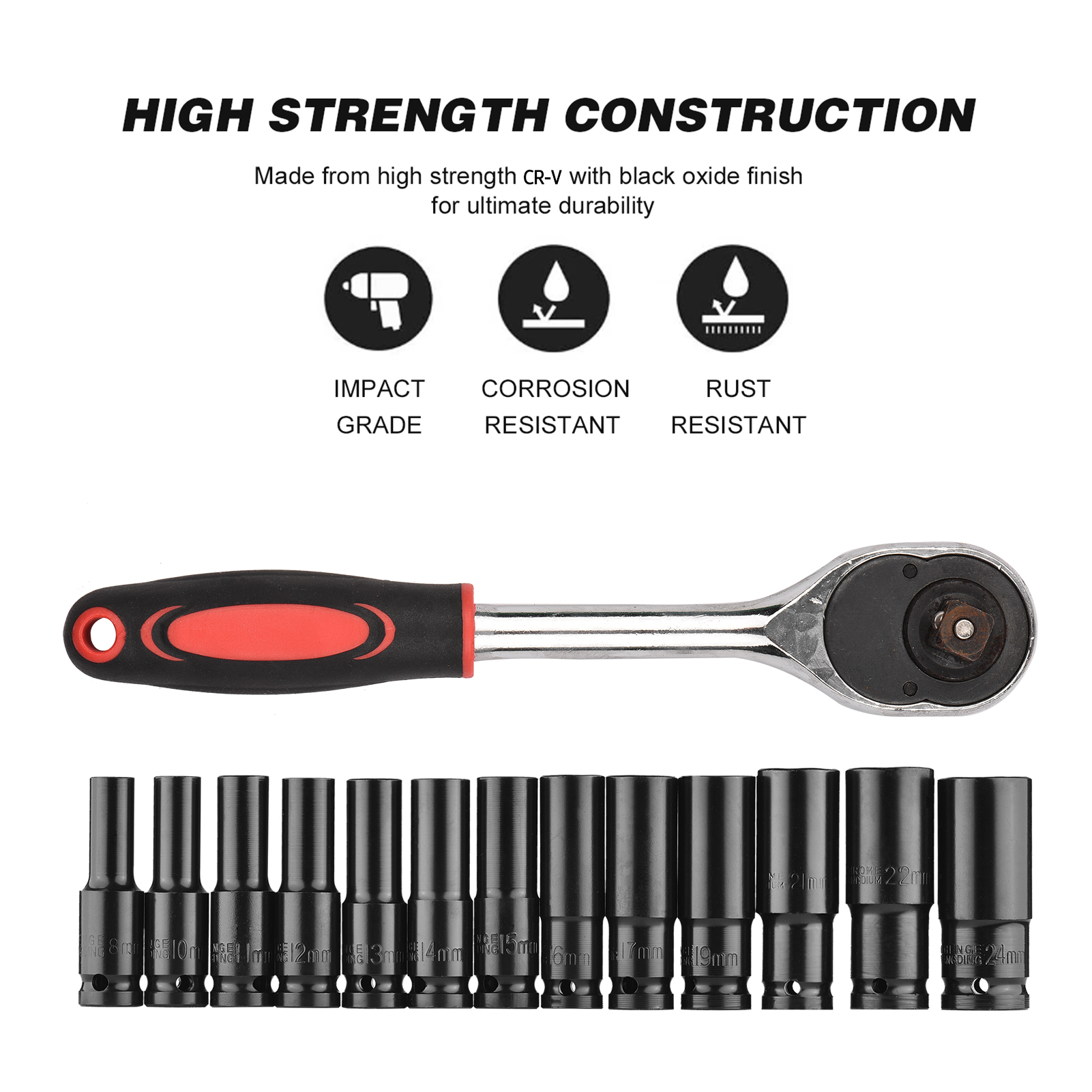 10pcs 1/2" Drive Deep Impact Socket Set Drive Metric Wrench Socket Deep Impact Socket Pneumatic Wrench Head Tire Removal Tools