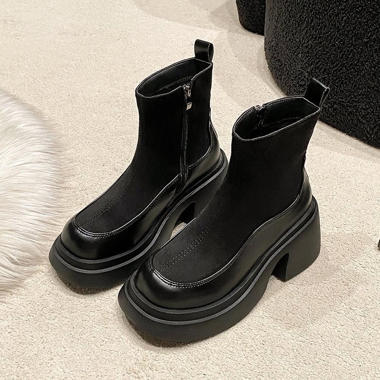 Women's Retro Thick Soled Versatile Suede Patchwork Short Boots Free Shipping.
