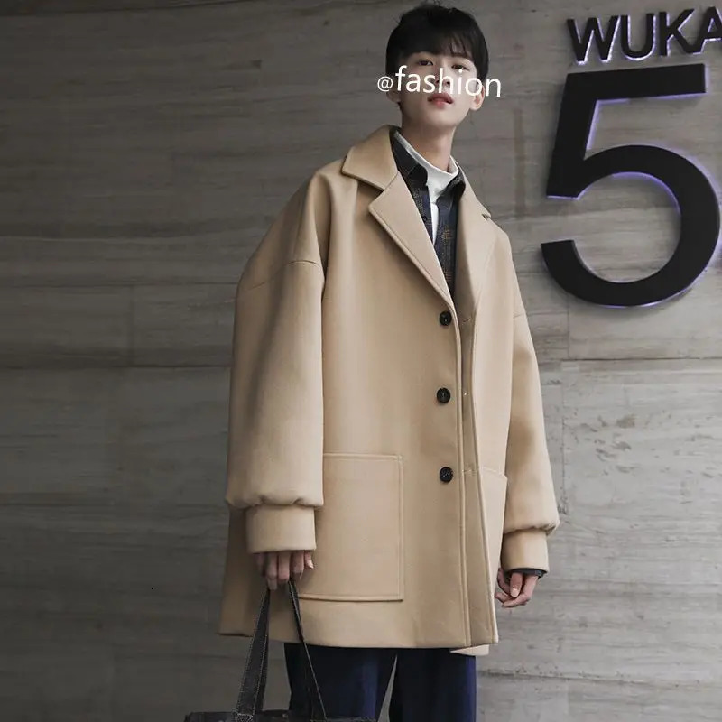 Mens Woolen Coat Ins Hong Kong Style Teenage Coat Mens Solid Color Jacket Student Korean Loose Jacket 241112
